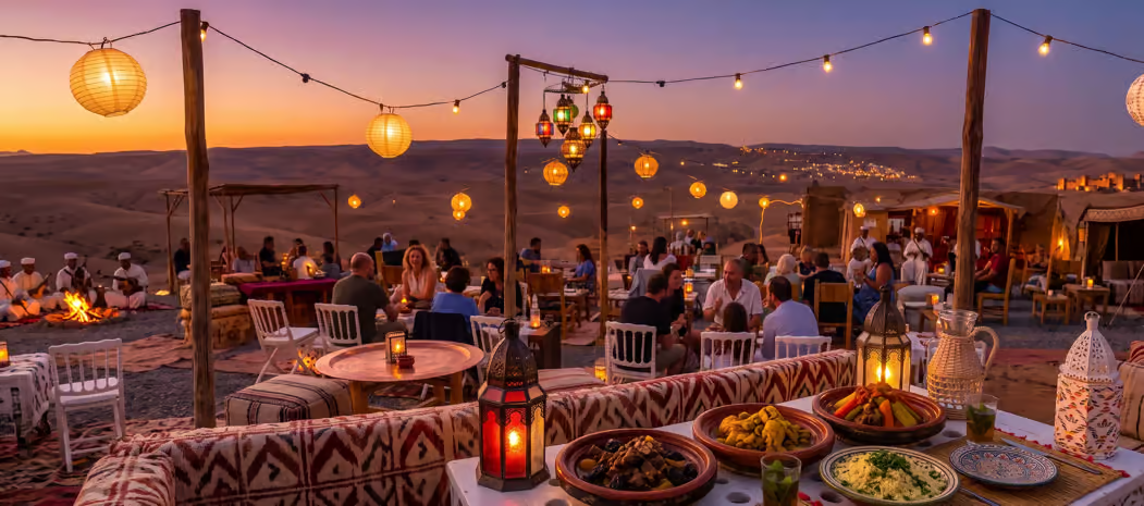 Cena al aire libre en el desierto marroquí al atardecer